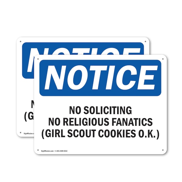 Signmission No Soliciting No Religious Fanatics Girl OSHA Notice Sign, Plastic, 10in W x 7in L, 2PK OS-2PACK-NS-P-710-L-14829 - main